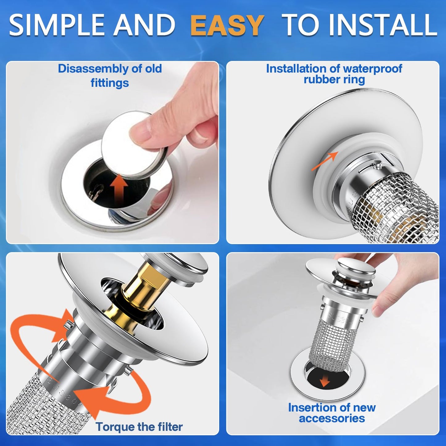 Sink Stopper Hair Catcher, Pop-up Sink Drain Strainer with Removable Stainless Steel Strainer Basket Hair Catcher, Bathroom Sink Strainer for Bathroom Sink Stopper Replacement