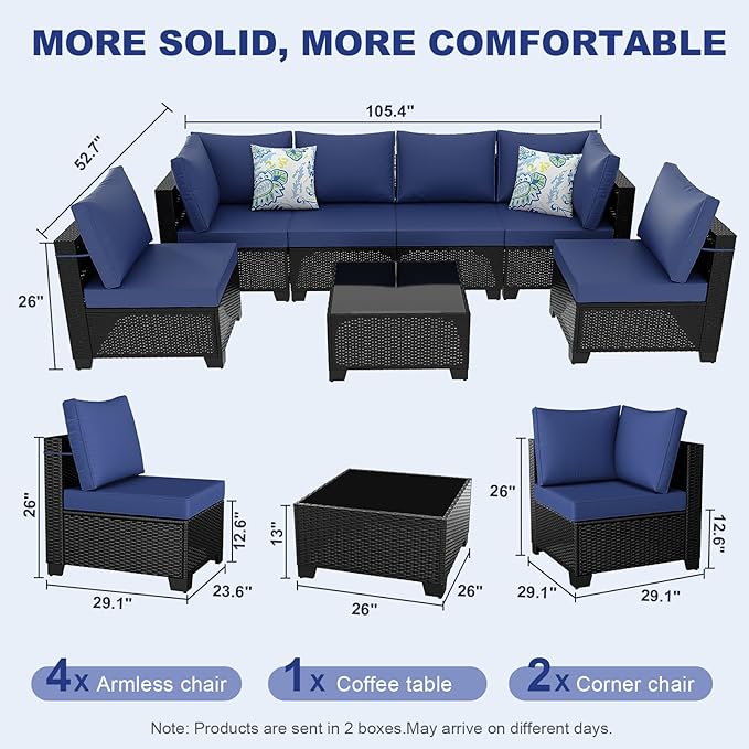 Ophelian 7 Pieces Outdoor Conversation Sectional Rattan Sofa, Patio Furniture Set, with Wicker and Cushions for Garden and Backyard, (Coffee/Deep Blue)