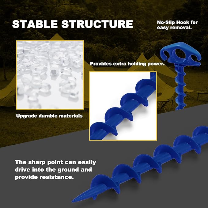 COBARYEN Tent Stakes Ground Anchors Screw in, 10 Pack Sand Stakes for Beach 9.4 Inch Heavy Duty Spiral Tent Pegs for Camping, Party, Hiking, Outdoor Decoration (10, Blue)