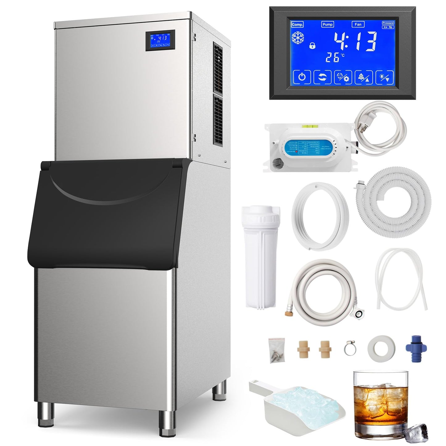 Commercial Ice Maker Machine 425Lbs/24H with 400LBS Large Storage Bin Ice Ready in Air Cooled Clear Cube Ice for Bar Business Cafe (425Lbs/24H)