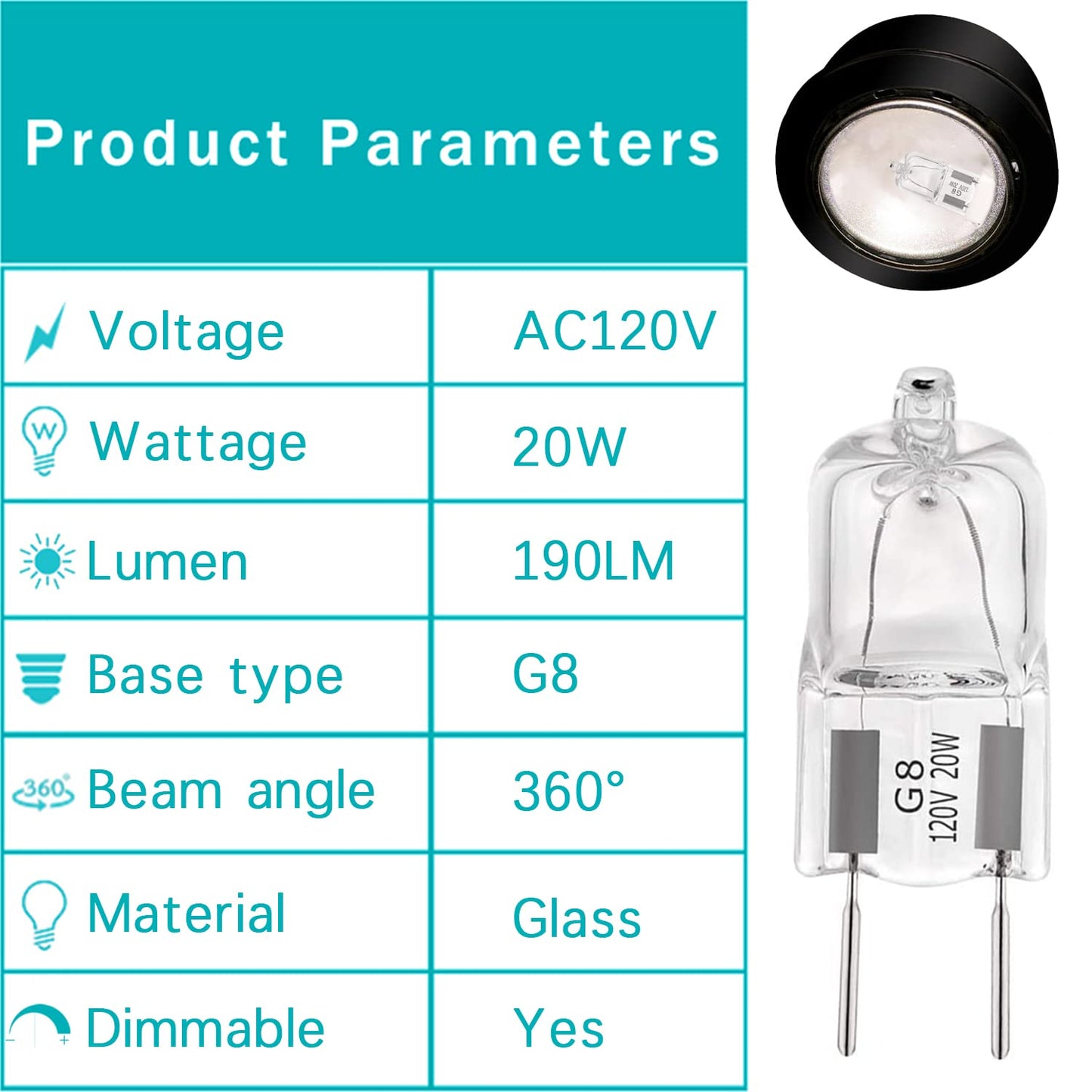 EKSAVE G8 Halogen Light Bulbs 20W 120V G8 Base 2Pin T4 JCD Type 2700K for Microwave Oven Replacements,for Candle Warmer Light Bulbs, Wax melt Bulbs(Pack of 6)