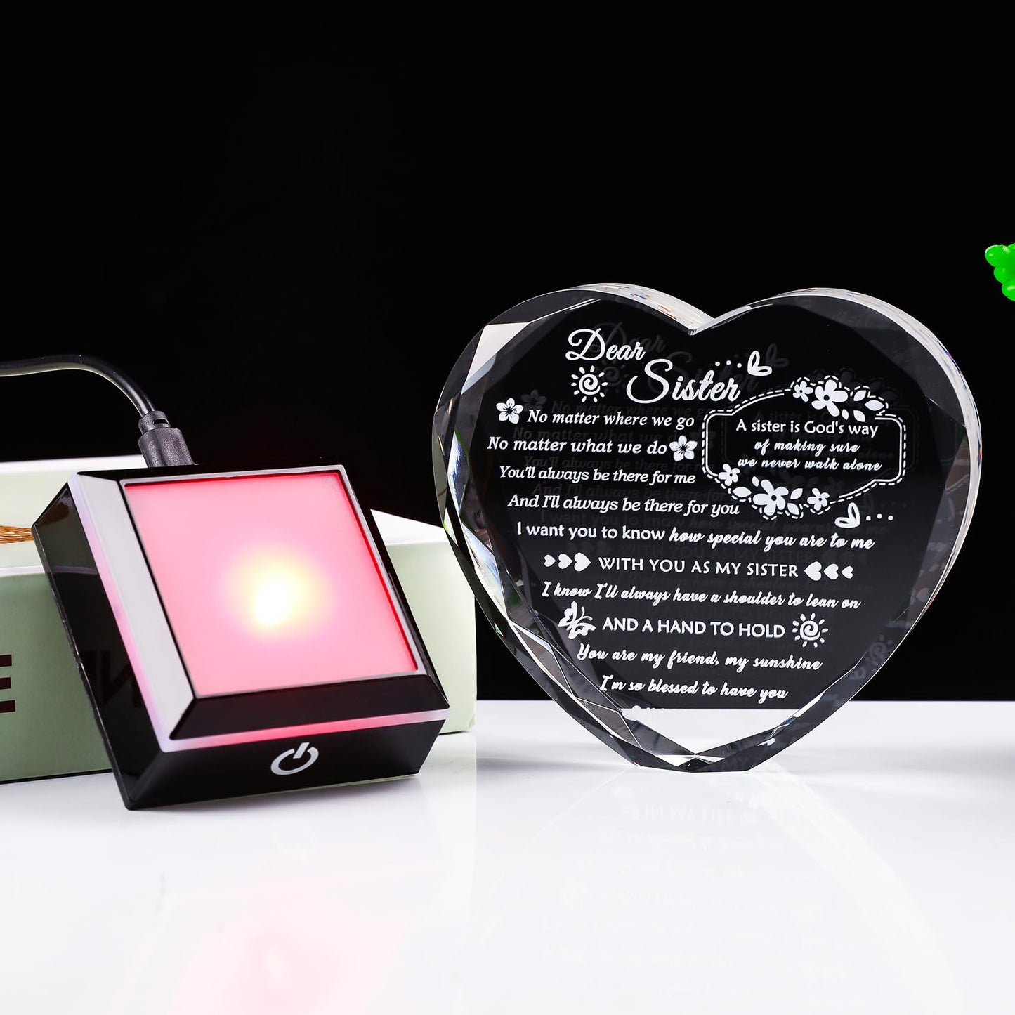 YWHL Sister Birthday Gifts from Sister Brother To My Sisters Crystal Heart Keepsake with Colorful Light Base Sister Gifts for Women for Christmas Mother's Day