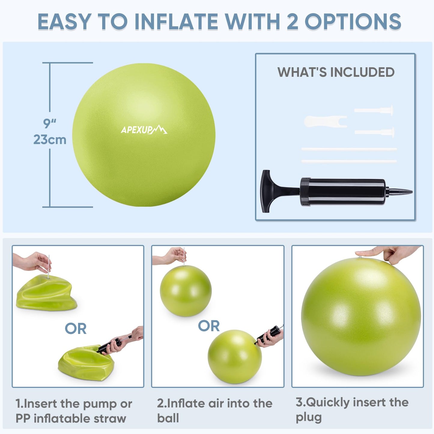 APEXUP Yoga Ball Exercise Ball, Heavy Duty Pilates Ball for Fitness, Balance, Core Workout, Physical Therapy (XXS (9") 23cm, Green)