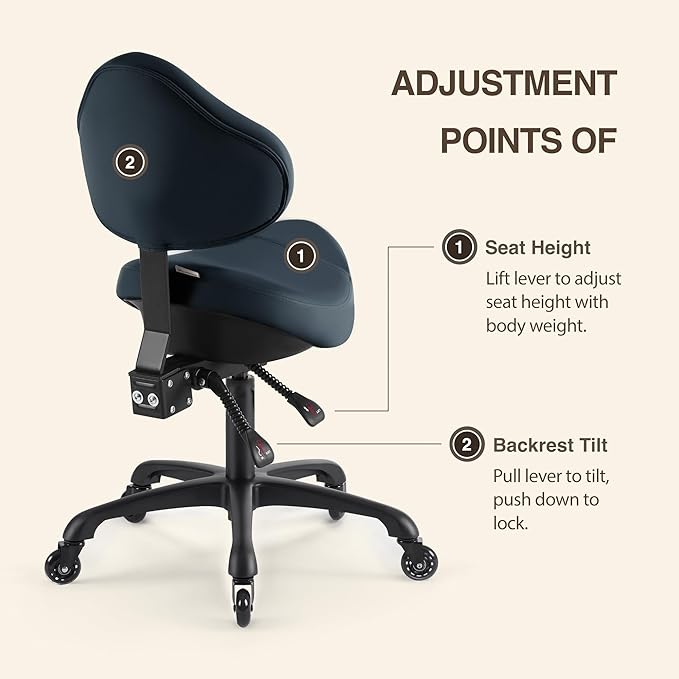 Pneumatic Swivel Rolling Saddle Stool with Wheels and Back Support for Hair Stylist, Hygienic Clinic Spa Massage, Home, Office - 510 KOA (Queen Blue, Standard)