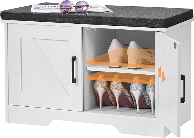 HOMSHO 2-Tier Storage Bench, 27.6" Wide Shoe Bench with Padded Seat Cushion, Entryway Bench with 2 Barn Doors and Adjustable Shelf, White