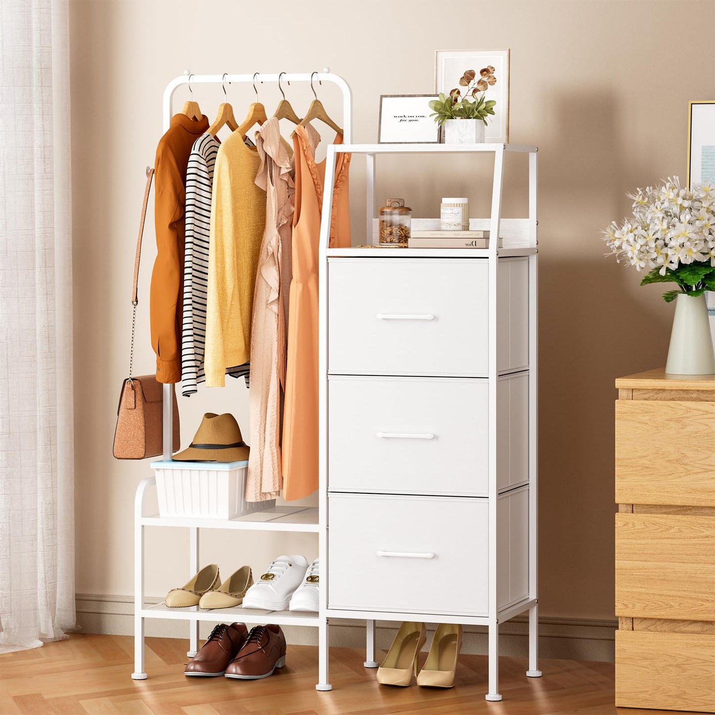 SWTYMIKI Dresser with Hanging Rack - 3 Fabric Drawers Dresser for Bedroom - Reversible Tall Storage Tower, Small Space Clothes Storage Organizer Cabinet for Apartment, Dorm 49.21''H, White