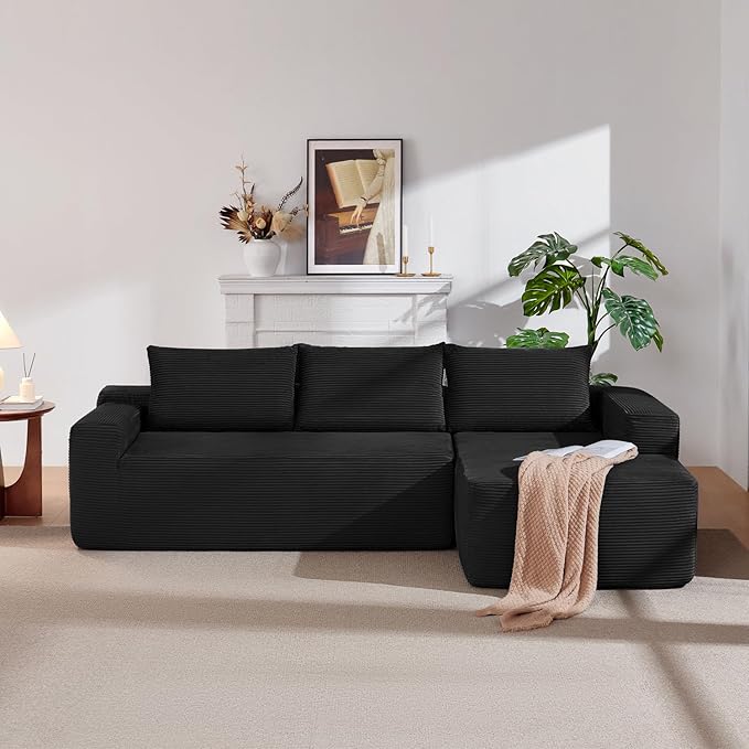 97" Cloud Sectional Couch,Modern Modular Sectional Sofa with Deep Seat,Corduroy Boneless Couches with L-Shape Chaise for Living Room Bedroom,No Assembly Required (Black, 97" Right Facing Chaise)