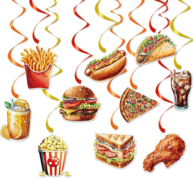 40 Pcs Fast Food Hanging Swirls Includes 20 Pcs Fast Food Hanging Cards, 20 Pcs Single Hanging Swirls for Hamburger Party ...
