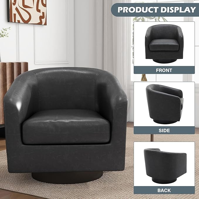 UIXE PU Leather Swivel Accent Chairs, Modern Upholstered Barrel Club Chair for Living Room, Round Armchair Single Sofa Bedroom Side Reading Seat - Charcoal Black, Set of 2