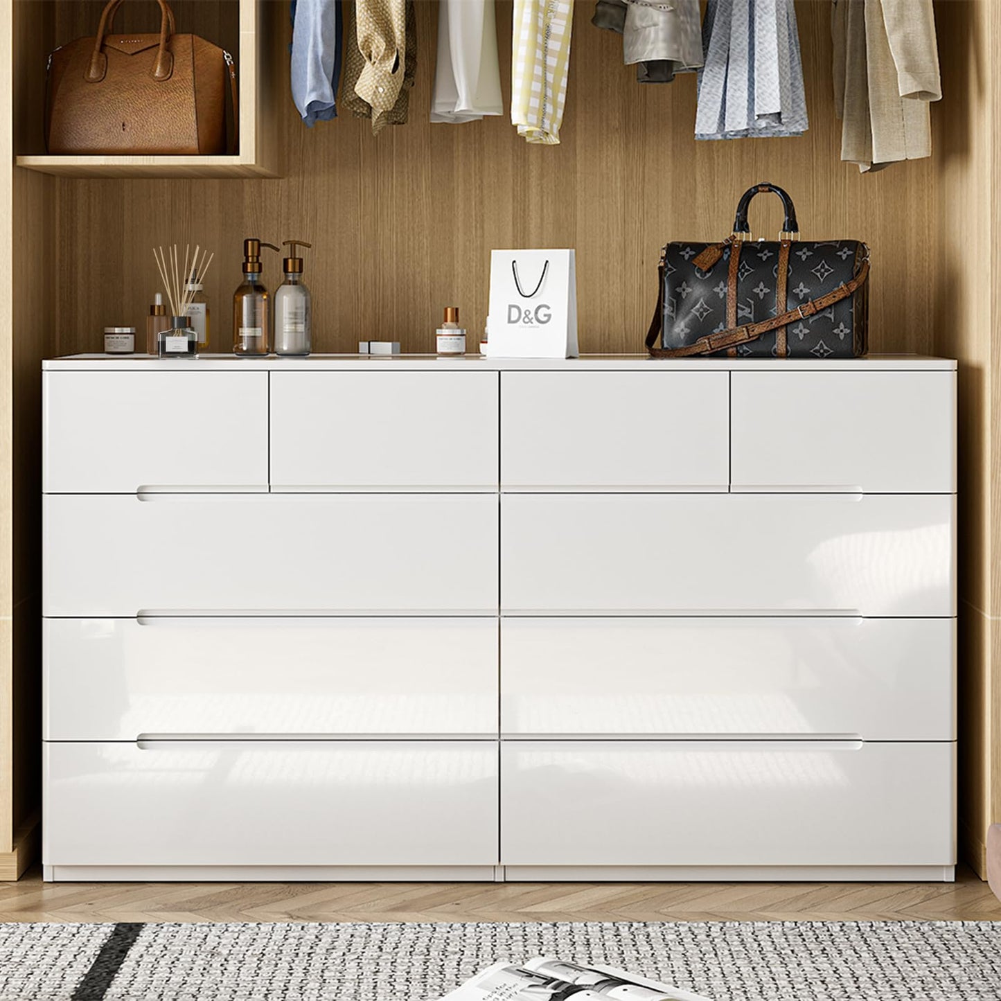 ZORPLIX 10 Drawer White Dresser for Bedroom, 55" Long Dresser Chest of Drawers,Large High Gloss Modern Storage Cabinet with Big Drawers Handle Free,Living Room, Entryway, Hallway