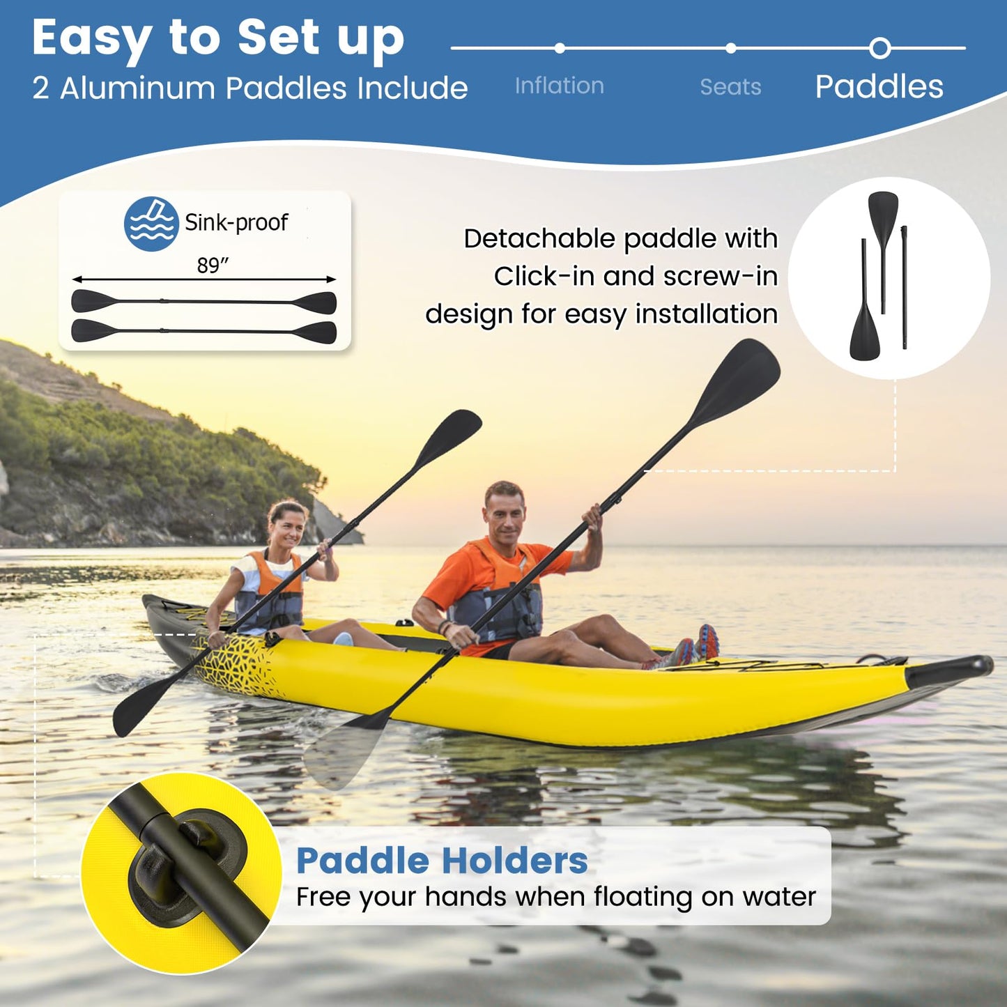S AFSTAR Inflatable Kayak, 2 Person Canoe with 507 lbs Capacity, Drop-Stitch Floor, All Accessories & Carry Bag, 12.5 ft Large Sit in Tandem Kayak for Fishing, Camping & Exploring for Adults (Yellow)
