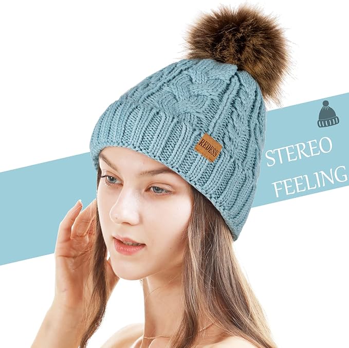 REDESS Women Winter Pompom Beanie Hat with Warm Fleece Lined, Thick Slouchy Snow Knit Skull Ski Cap
