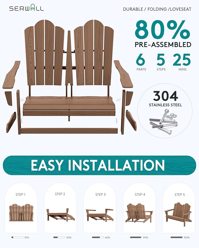 SERWALL Folding Adirondack Bench, HDPE All-Weather Adirondack Loveseat Set of 2, Brown
