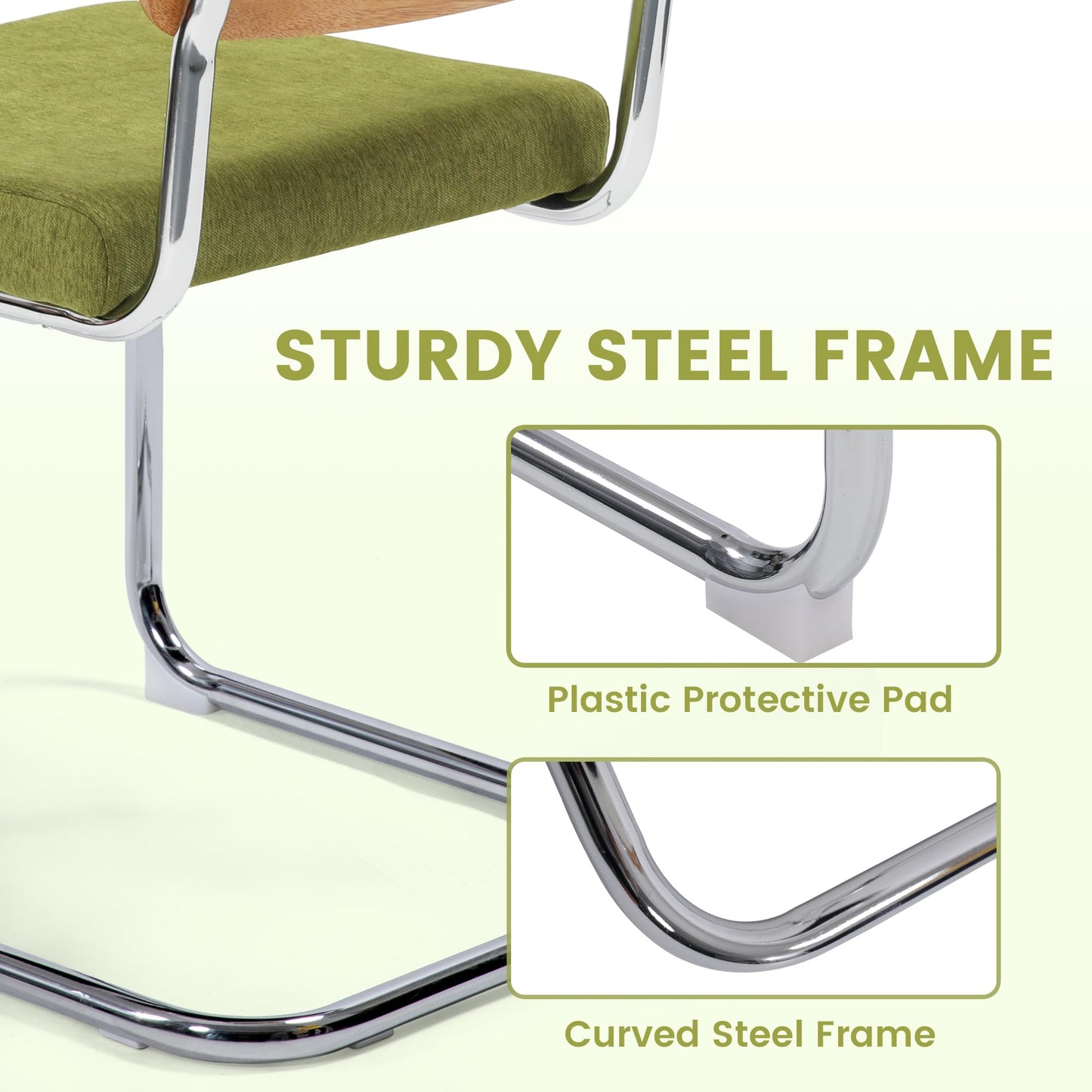 KROFEM Modern Cesca Cane Dining Chairs, Set of 4, Handwoven Rattan Cane Back, Chrome Base, Upholstered Cotton Seat, Ideal for Kitchen or Dining Room, Green