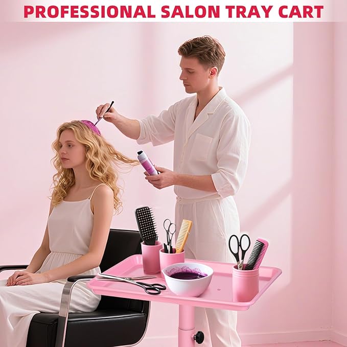 Salon Tray on Wheels,Height Adjustable Hairstylist Rolling Tray Cart,Color Trays for Salon or Home Use,Pink