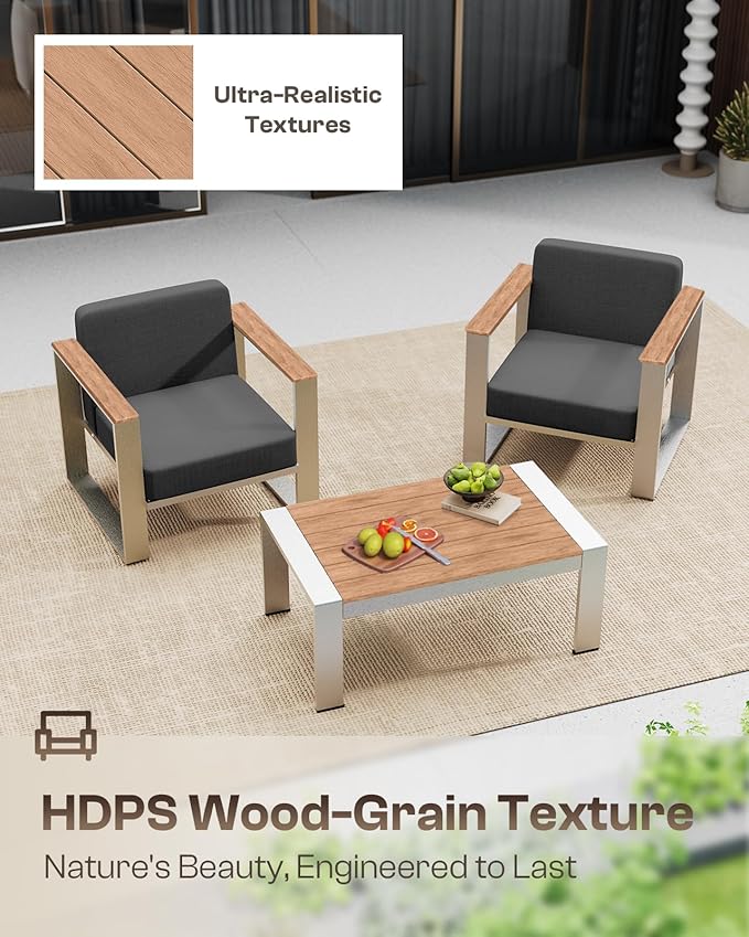 ComfCove Aluminum Outdoor Furniture Set, 4 Seats Outdoor Patio Conversation Sets with Ergonomic Seat and Wide Thick Cushions, Modern Patio Sectional Furniture for Balcony, Porch (Teak-Charocal)