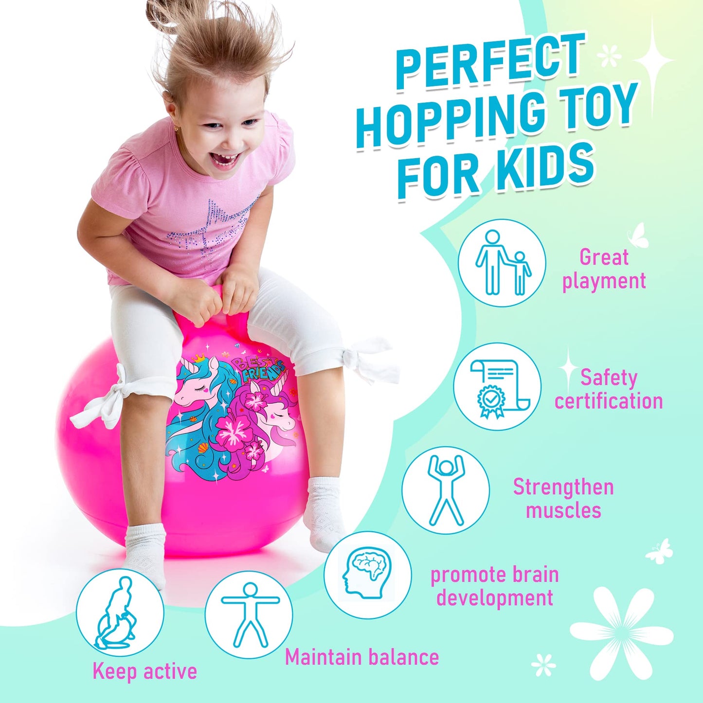 U&C Planet Hopper Ball 18 inches Bouncy Ball with Handle for Kids Age 3-6 Hoppity Hop Sit and Bounce Jumping Hopping Toy with Pump and Gift Box Great Gift for Birthday Christmas, Pink