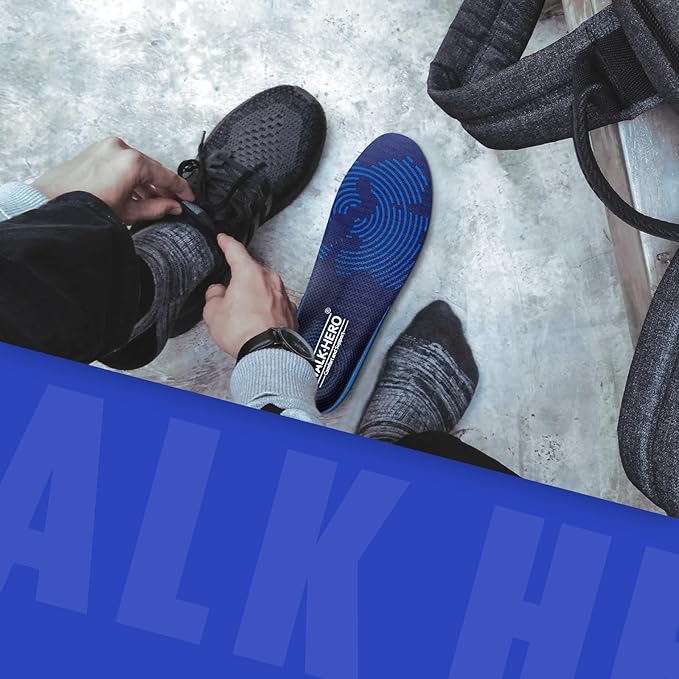 WalkHero Plantar Fasciitis Insoles - Medium Arch Support Inserts for Men & Women with Comfort Cushion | Orthotic Inserts to Relieve Foot Pain and Provide Shock Absorption (Blue) Mens 15-15 1/2