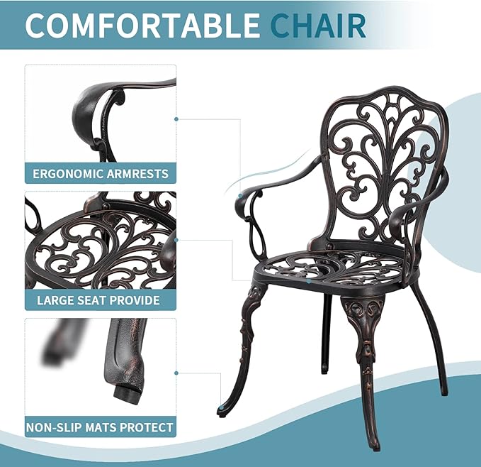 Withniture Bistro Set 3 Piece Outdoor Bistro Table and Chair Set of 2 Cast Aluminum Patio Furniture with Umbrella Hole,Patio Bistro Table Sets for Garden,Yard(Brown)