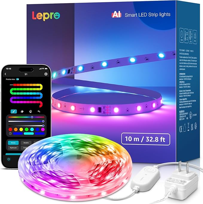 Lepro S1 AI LED Strip Lights for Bedroom - 32.8ft Smart RGB Light Strips with IC and Rainbow Chasing Effects, Color Segmen...