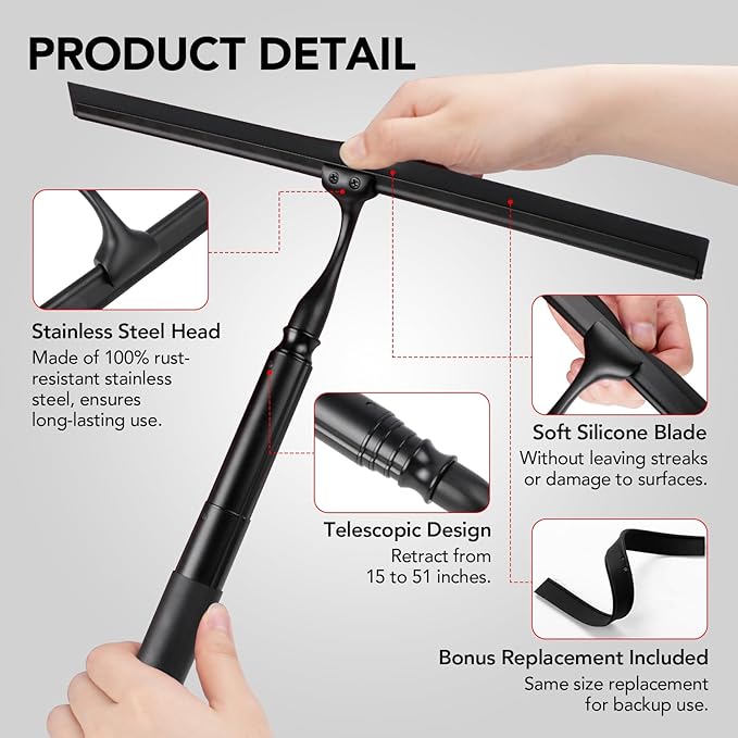 Shower Squeegee with Long Handle, 15-51" Telescopic Squeegee for Window Cleaning, Window Squeegee for Glass Doors, Extendable Window Cleaner Tool for Tile Walls, Sliding Door, Floor, Car Windshield-BK