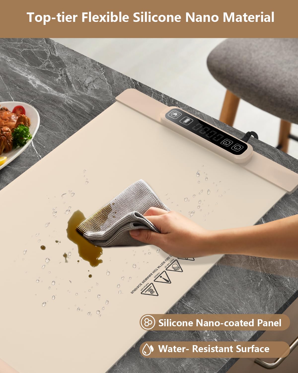 Electric Warming Tray, Food Warming Mat with 5 Adjustable Temperature Control, DRSPEE Foldable Food Warmer for Parties, Precise Heating Time and Child-Lock, Large Hot Plate for Buffet (Beige)