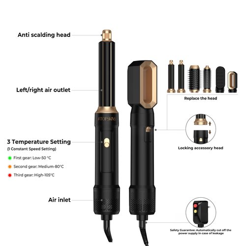 Atopskins 6 in 1 Blow Dryer Brush, Hair Dryer Brush Fast Drying 3 Heat Settings, Hot air Styler Auto Curling Straightening Voluming Smoothing for Women Salon & Travel Use (ALCI Plug)