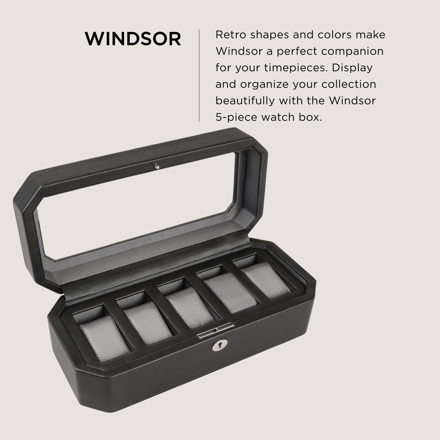 WOLF Windsor 5-Piece Watch Box, Black - Features Five Watch Compartments & Vegan Leather Exterior