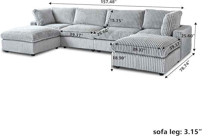 Modular Sectional Sofa/ 158inch Cloud Couches with Ottoman for Living Room/Soft Faux Rabbit Fur U Shaped Couch with Chaise,6 Seater Wide Convertible Sofa,Covers Washable&Replaceable,Grey