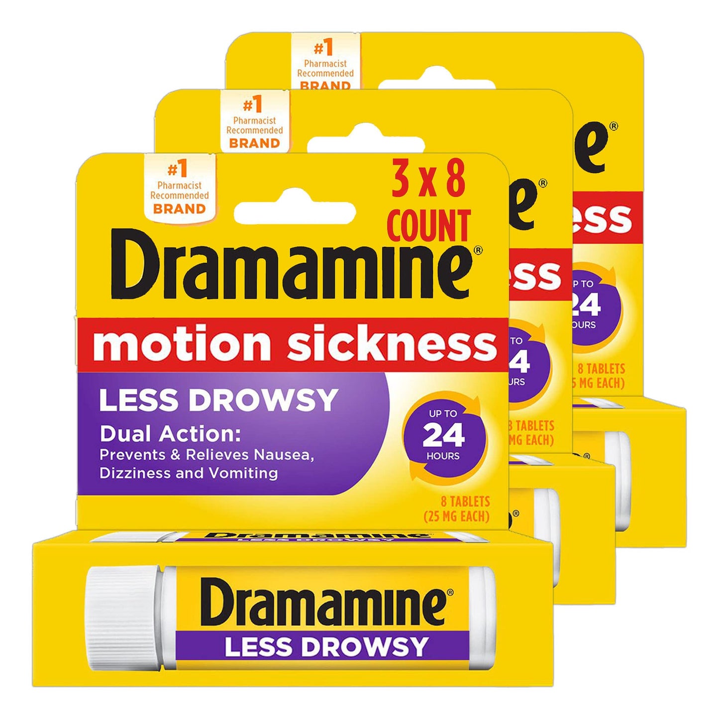 Dramamine Motion Sickness Original 12 Count Travel Vial 3 Pack and All Day Less Drowsy Motion Sickness Relief 8 Count Travel Vial 3 Pack