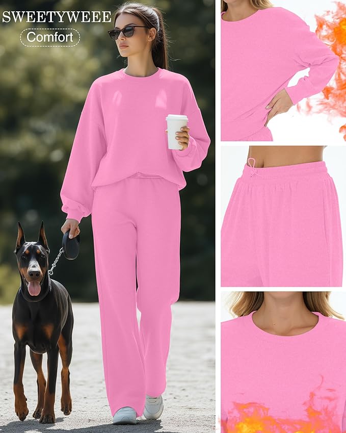 Sweetyweee Women's 2 Piece Outfits Set Fleece Lined Lounge Sweatsuit Crewneck Pullover Top Wide Leg Pants Casual Tracksuit