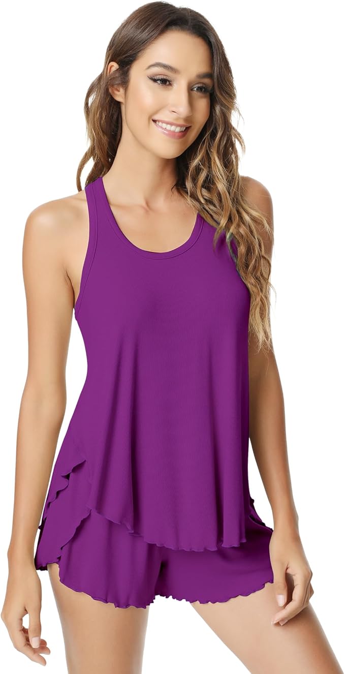 NACHILA Pajamas for Women-Viscose from Bamboo, Ribbed Racerback Tank Top Sexy Split Shorts Pajama Sets Cooling Sleep Cami Pjs