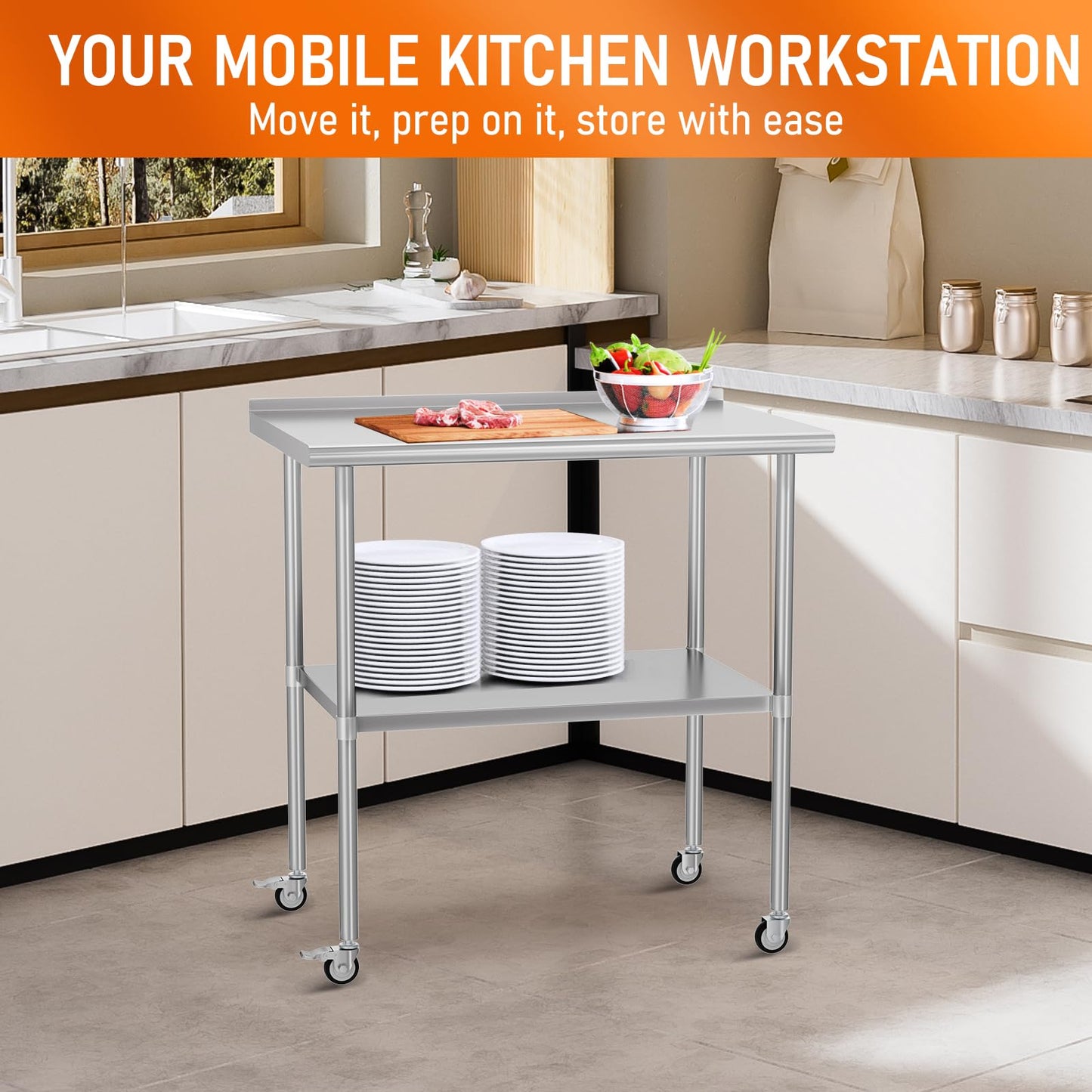 HOCCOT Stainless Steel Prep Table 24" X 36" with Adjustable Undershelf, Backsplash and Wheels, Commercial Metal Workstations for Kitchen, Garage, Outdoor BBQ