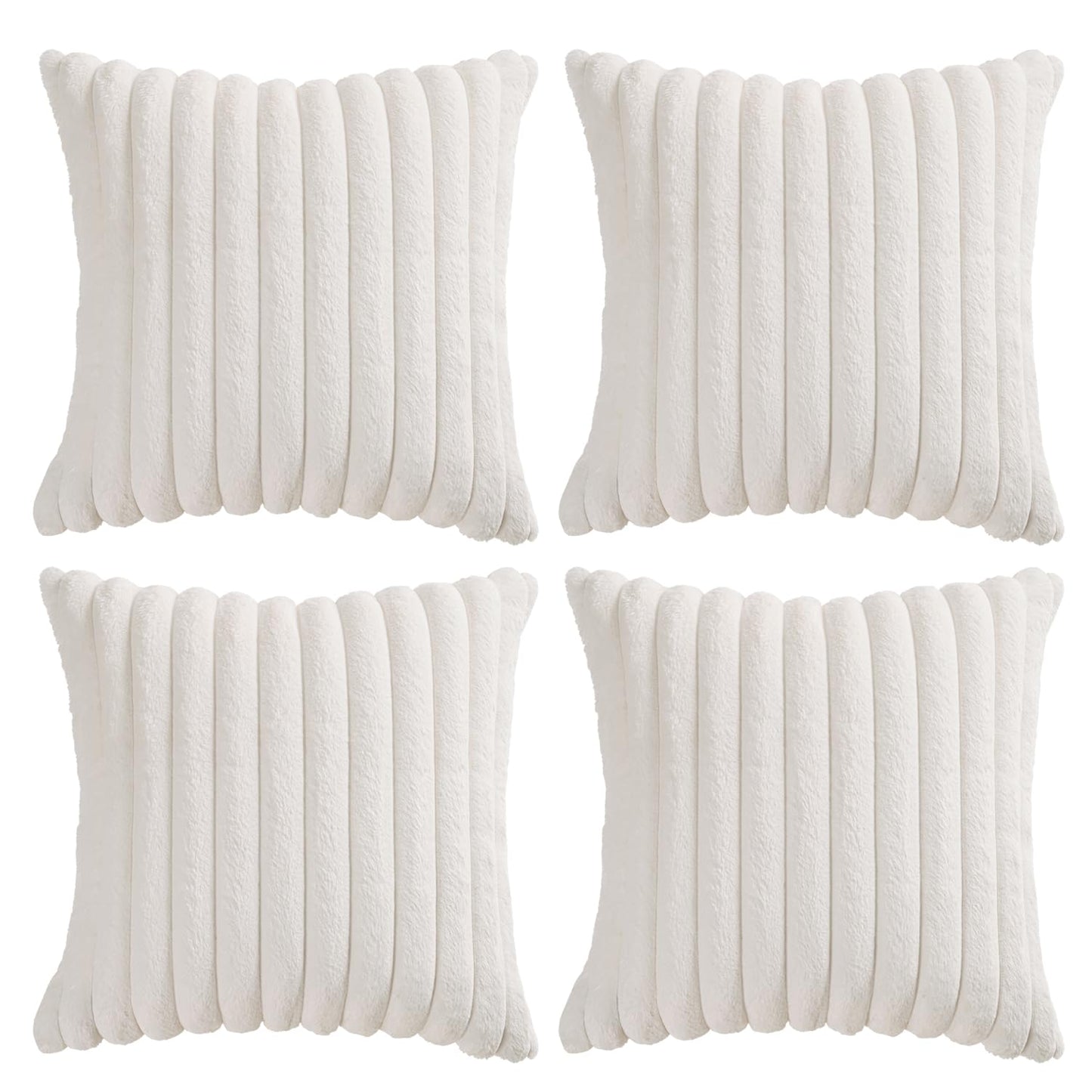 Volcanics Set of 4 Faux Fur Plush Decorative Throw Pillow Covers 20x20 Inch, Luxury Striped Cushion Cases Soft Fluffy Accent Pillowcases for Sofa, Couch and Bed, Cream White