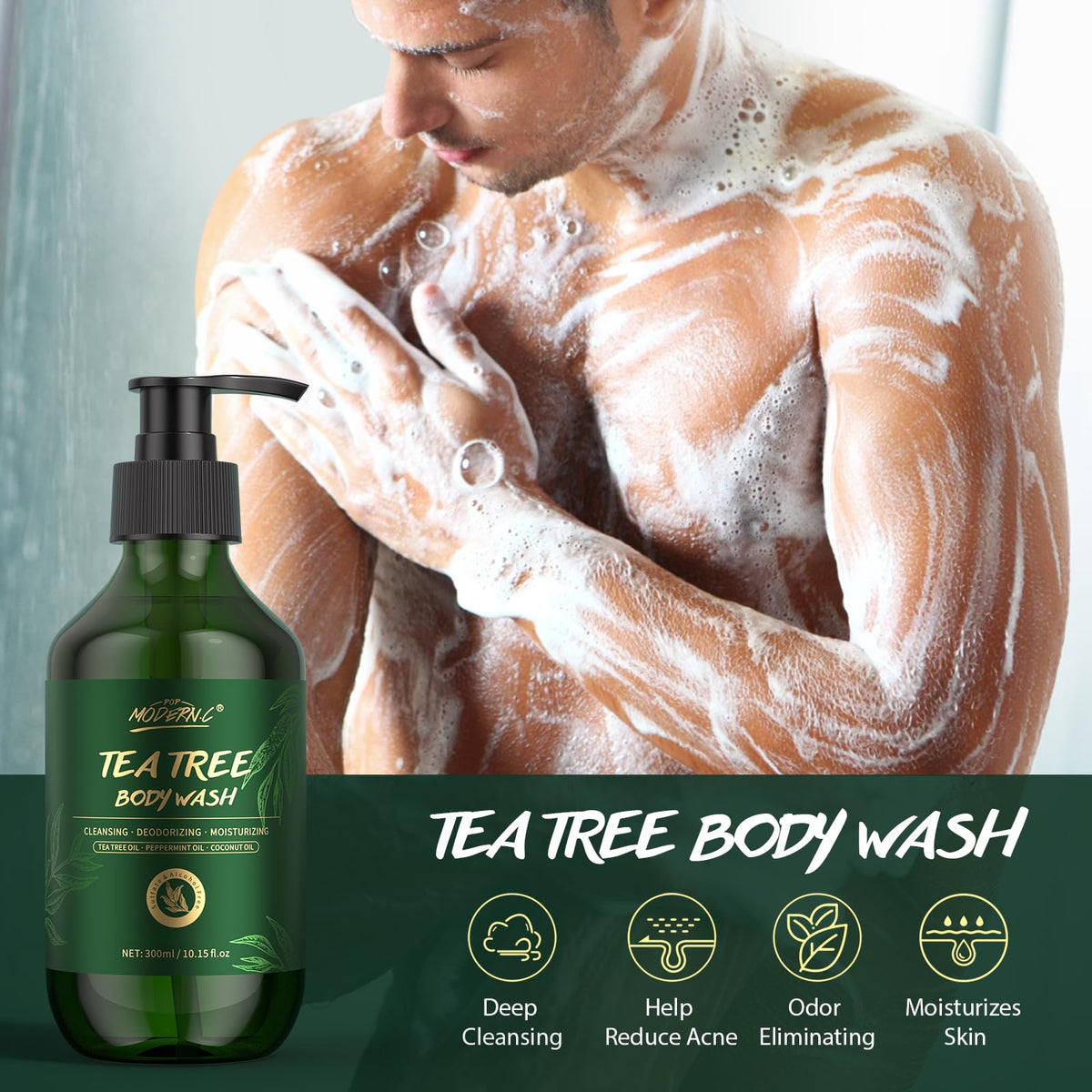Tea Tree Oil Body Wash Natural Organic Mint Eucalyptus Coconut Oil Shower Gel for Men Women Soothes Irritation Moisturizes Dry H