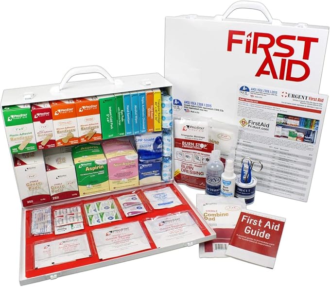 OSHA & ANSI 2 Shelf Industrial First Aid Cabinet with Pocket Liner, 75 Person, 556 Pieces, 2015 Class A+, Types I & II, Ma...
