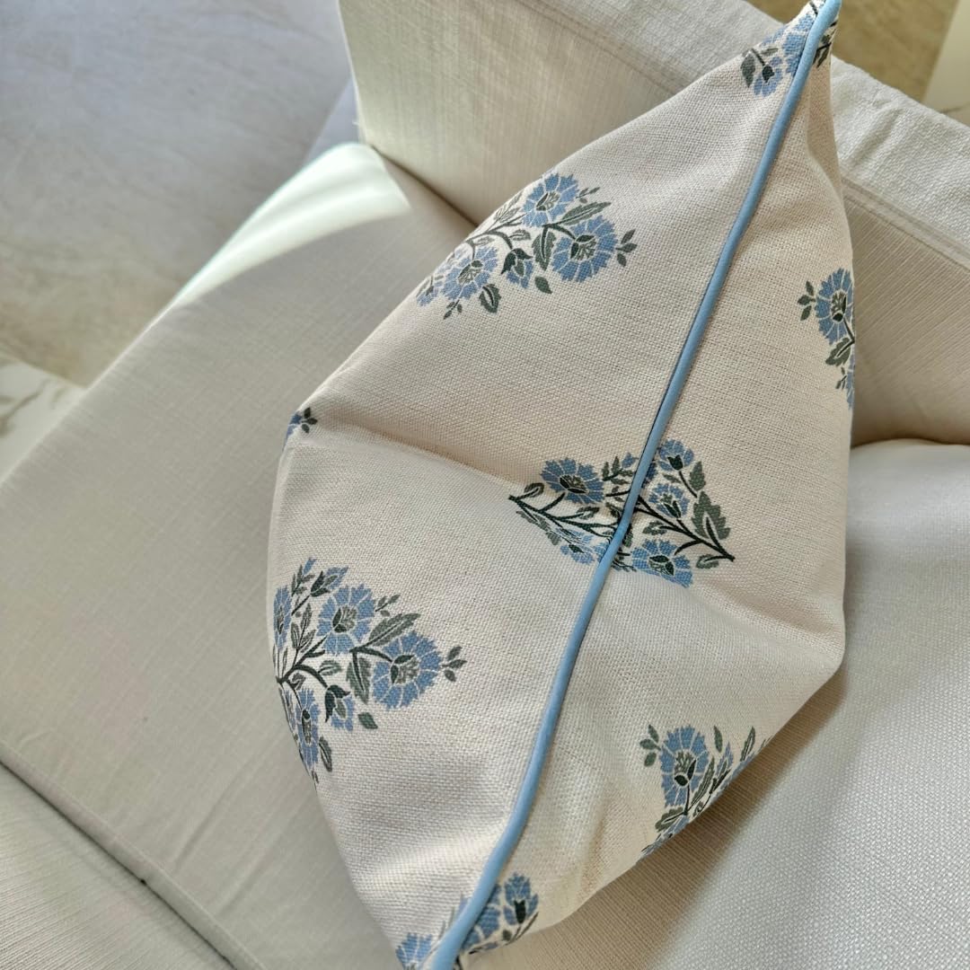Jillien Harbor “The Camille” Floral Block Print Pillow Cover – Soft Blue and Off-White Decorative Throw Pillow Cover – Grandmillennial Home Decor, 20" x 20"