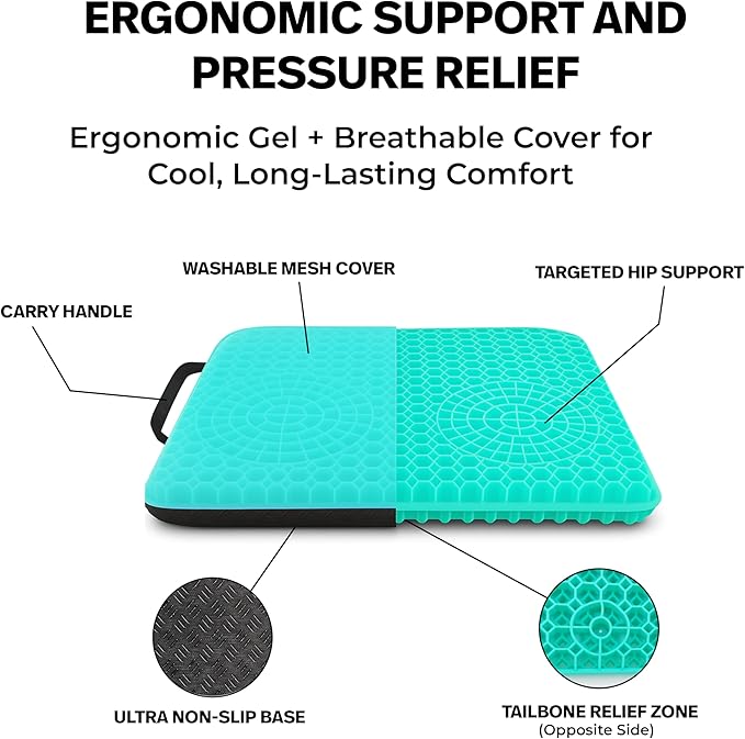 Gel Seat Cushion for Tailbone Support and Relief from Butt and Back Pain and Pressure - Cushions are Large Thick and Comfortable - Ideal for Office Chairs Driving Travel and Long Sitting