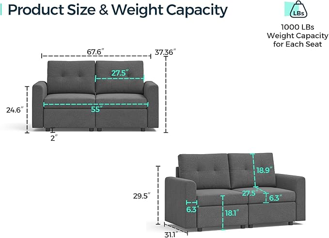 LINSY HOME Modular Sectional Sofa Oversized, Removable Cover Living Room Couches with Storage Deep Seat & Ottoman Chaise L/U Shaped Sofa Modern Couch (Dark Grey, 2 Seats)