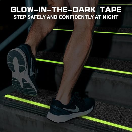 LadyRosian Outdoor Stair Treads Non Slip 5-Pack Black Glow 6" x 30" - Weather Resistant Adhesive Heavy Grip Tape - Waterproof Anti Skid Strips- Glow in The Dark 80-Grit Adhesive Treads