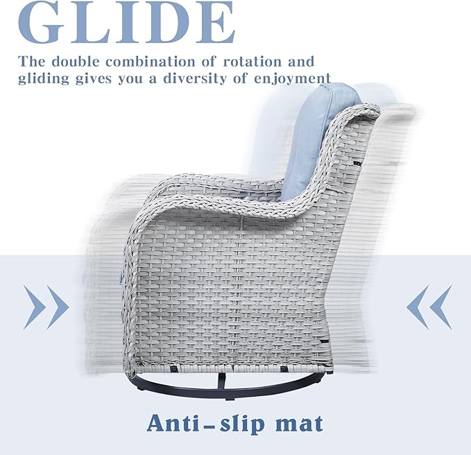 Belord Outdoor Swivel Rocker Patio Chairs Set of 3, High Back Swivel Patio Chairs Wicker Furniture Set, 2 PCS Rattan Swivel Rocking Chair with Side Table, Light Grey Wicker