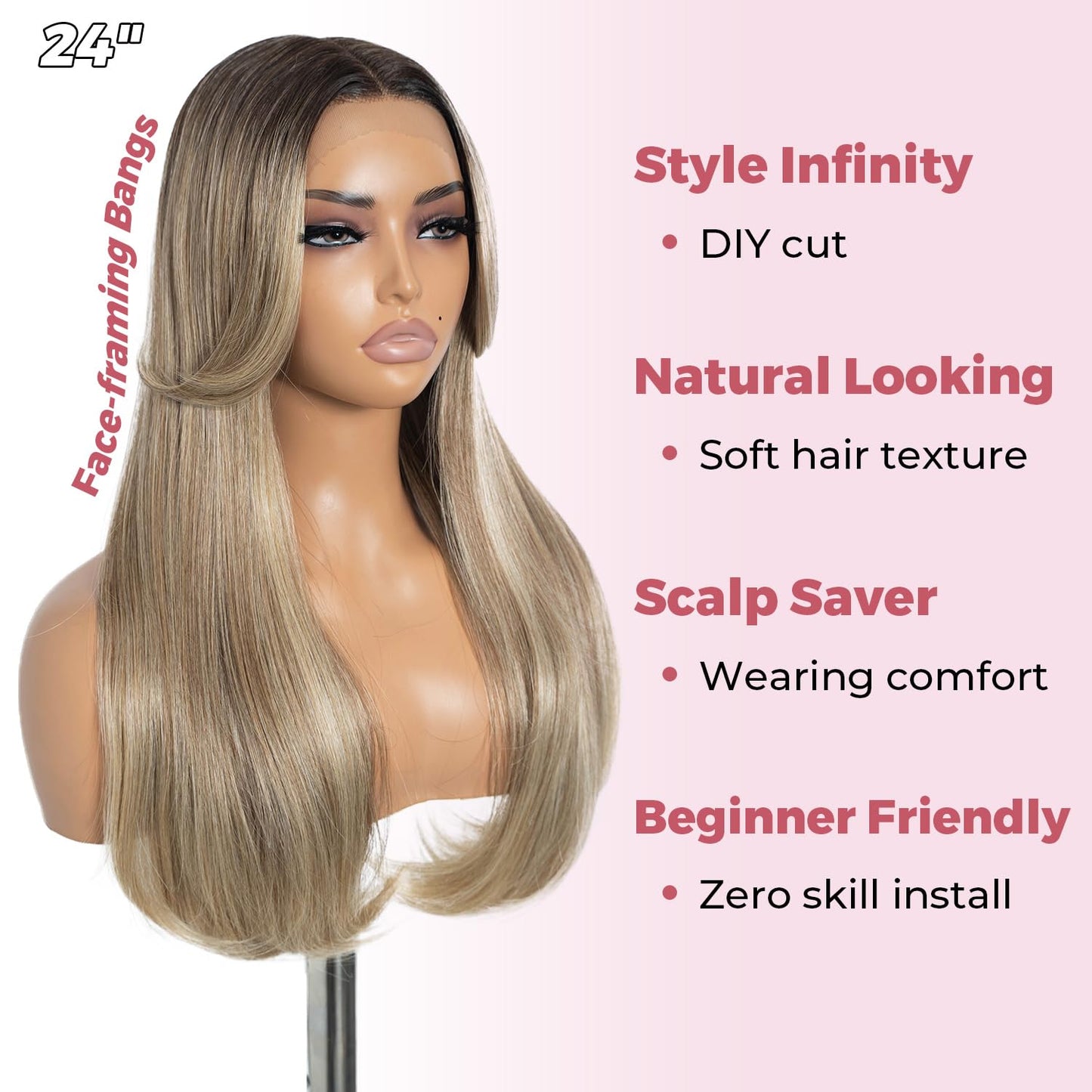 Style Icon 24 Ombre Blonde Wig HD Lace Front Middle Part Wigs Long Straight Wigs for Women Pre Plucked with Door Curtain Bangs