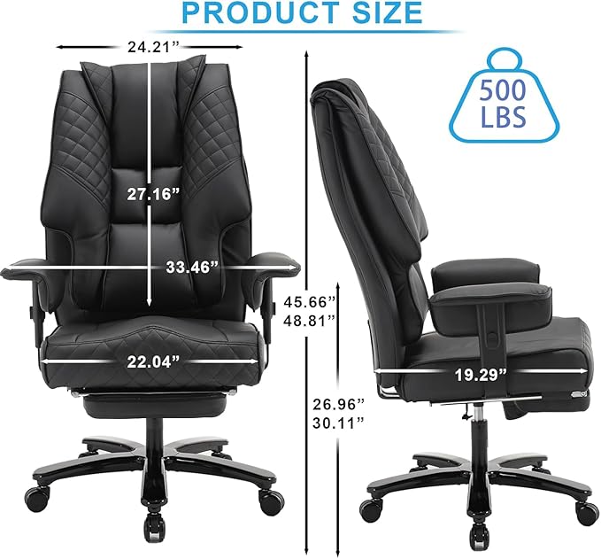 500lb Big and Tall Office Chair, Reclining Office Chairs with Footrest, High Back Leather Executive Computer Chair with Wheels Recliner Home Desk Chairs with Lumbar Support for Heavy People,Black