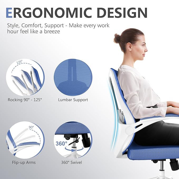 balmstar Office Chair,Ergonomic Comfy Home Desk Chair with 350LBS Capacity,High Back Gaming Chair with Wheels,Mesh Computer Chair,Lumbar Support, Adjustable Headrest,Flip-up Armrest (01Blue)