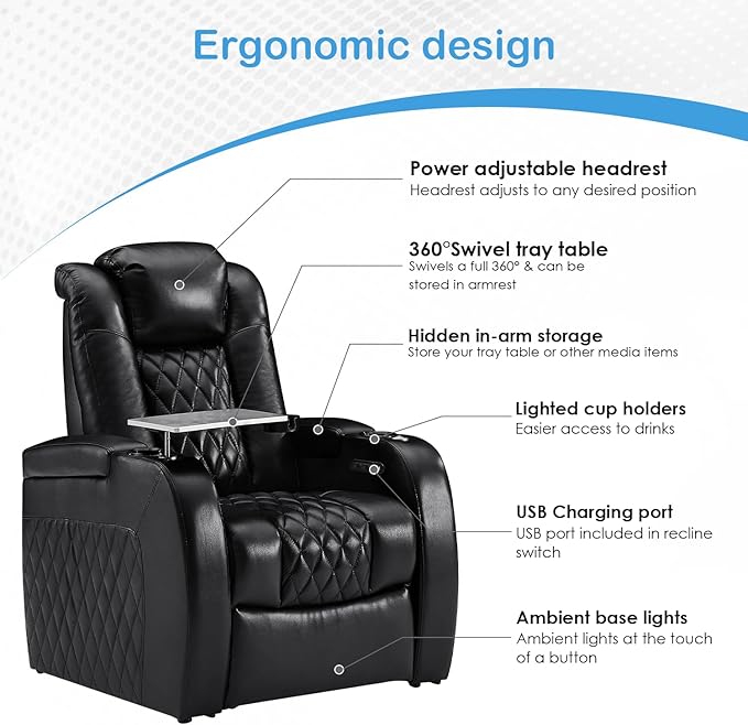Weilianda Home Theater Seating Top Grain Leather Zero Gravity Recliner Chair Power Headrest Recline Movie Seat Gaming 7 Colors Mood Light Sofa with Tray Table USB Charge Row of 6 Black
