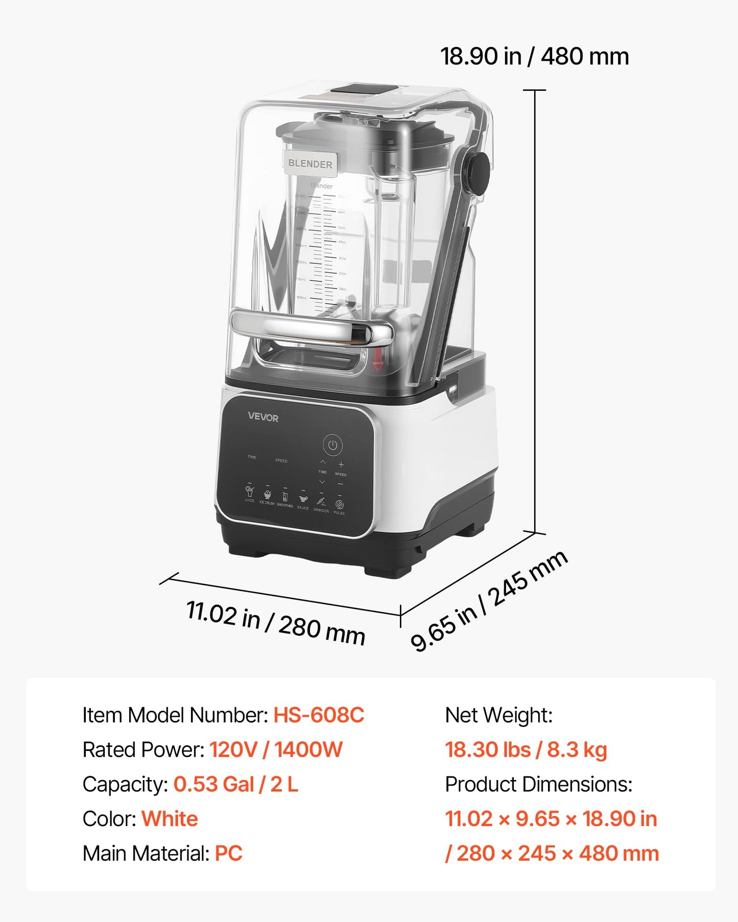 VEVOR Blender, 68 oz Professional Countertop Blenders with Shield, 2200W 26000RPM Kitchen Food Processor Combo, Self-Cleaning, Speed Adjustable, 6 Preset Menu for Smoothies, Ice Crushing, Puree, White