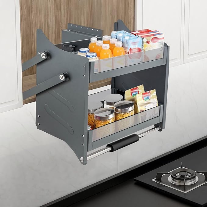 Pull Down Shelf Organizer,Upper Kitchen Wall Cabinet Storage with 3 Adjustable Load,Spice Rack Organizer(24inch Cabinet),Dual Tier Wall Mounted Pantry Storage