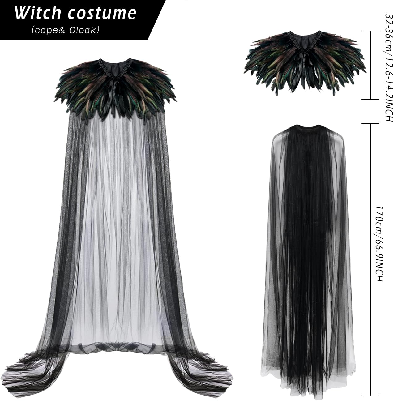 L'VOW Women Black Feather Cloak Gothic Feather Collar Tulle Cape Vampire Cloak Witches Cape Cosplay Costume