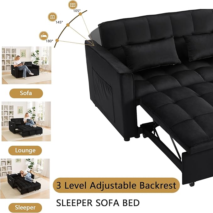 OjvZxqtbrnl Convertible Sofa Bed,3 in 1 Pull Out Couch Adjustable Backrest, Modern Velvet Upholstery Sleeper Sofa Bed, Loveseat Couch for Living Room, Bedroom & Apartments (Black)