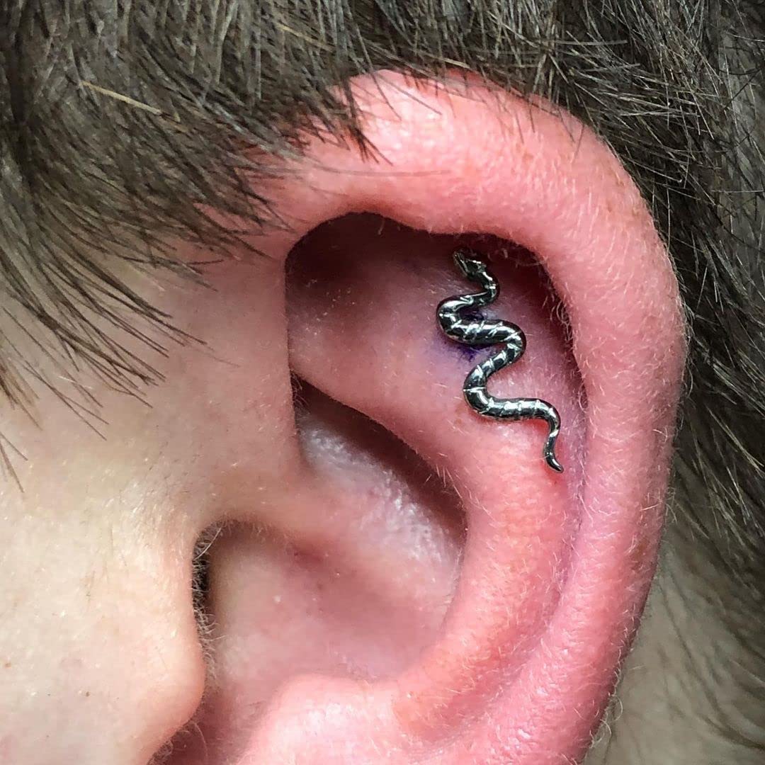 FINE4U 16G Snake Piercing Jewelry for Conch, Tragus, Helix - ASTM F136 Titanium Hypoallergenic Cartilage Earring, Internally Thr